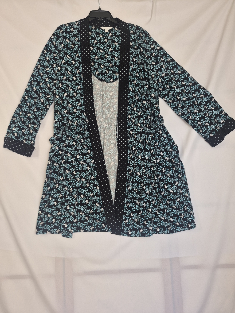 Charter Club Black & Teal Floral Open-Front Robe with Polka-Dot Trim